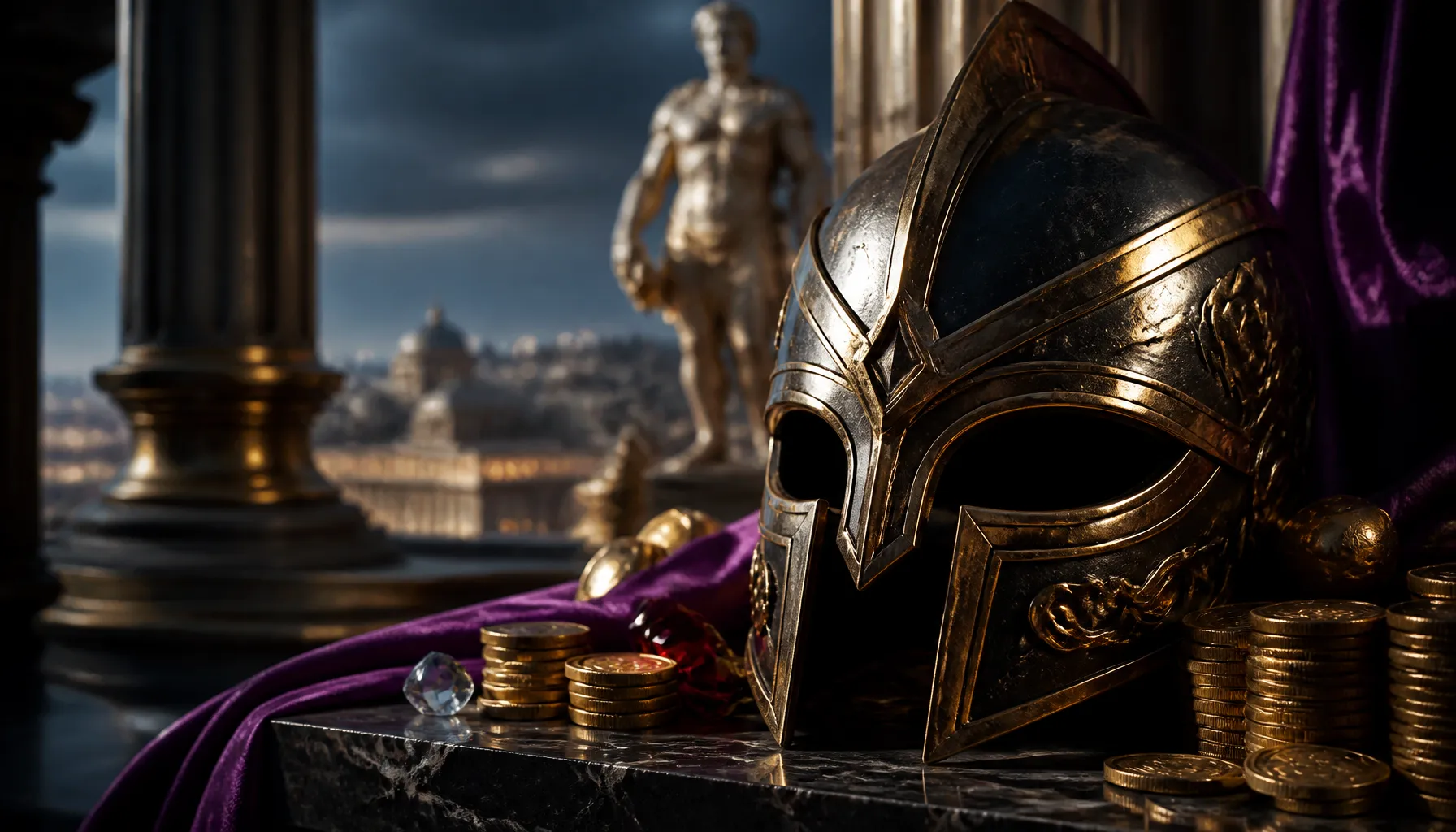 Cinematic close-up of gleaming gold coins scattered on a deep cosmic-themed dark surface with dramatic volumetric light