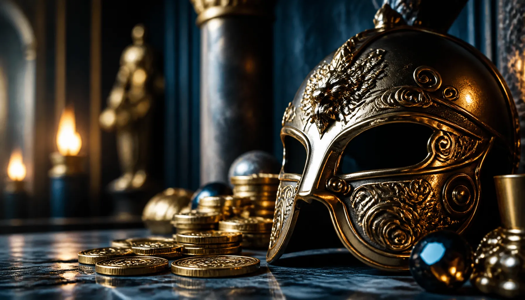 Cinematic close-up of gleaming gold coins scattered on a deep cosmic-themed dark surface with dramatic volumetric light