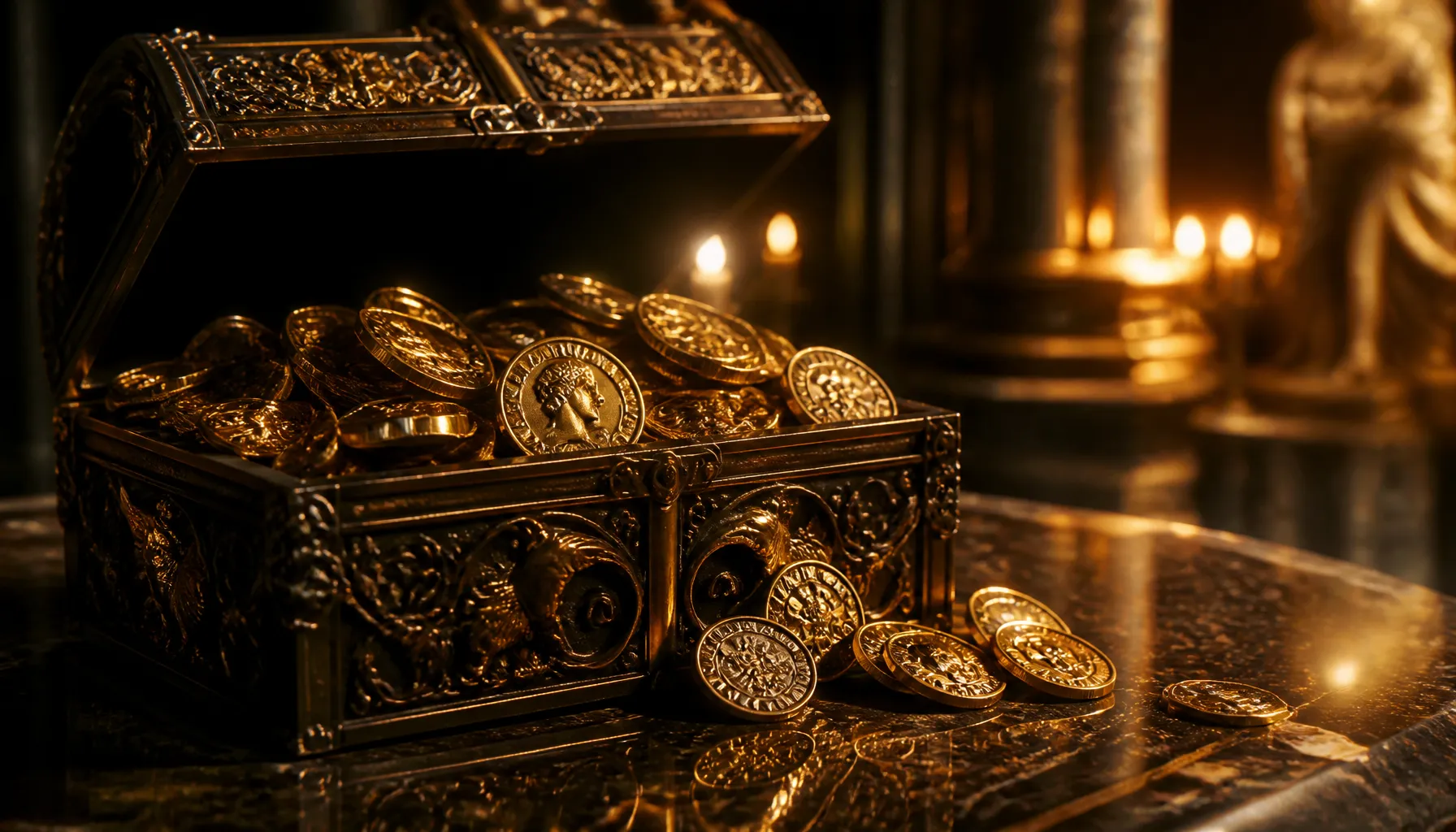 Cinematic close-up of gleaming gold coins scattered on a deep cosmic-themed dark surface with dramatic volumetric light