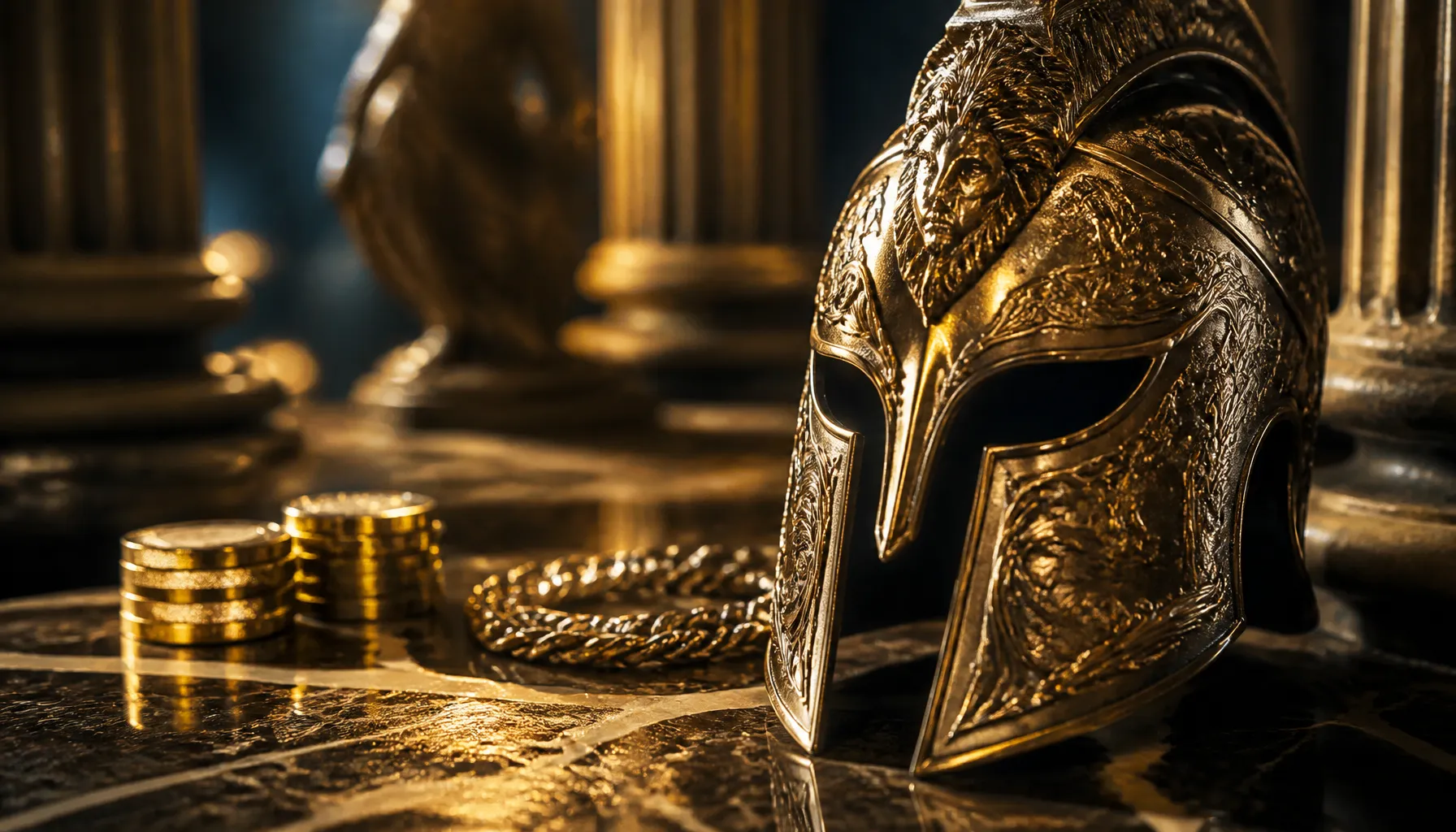 Cinematic close-up of gleaming gold coins scattered on a deep cosmic-themed dark surface with dramatic volumetric light