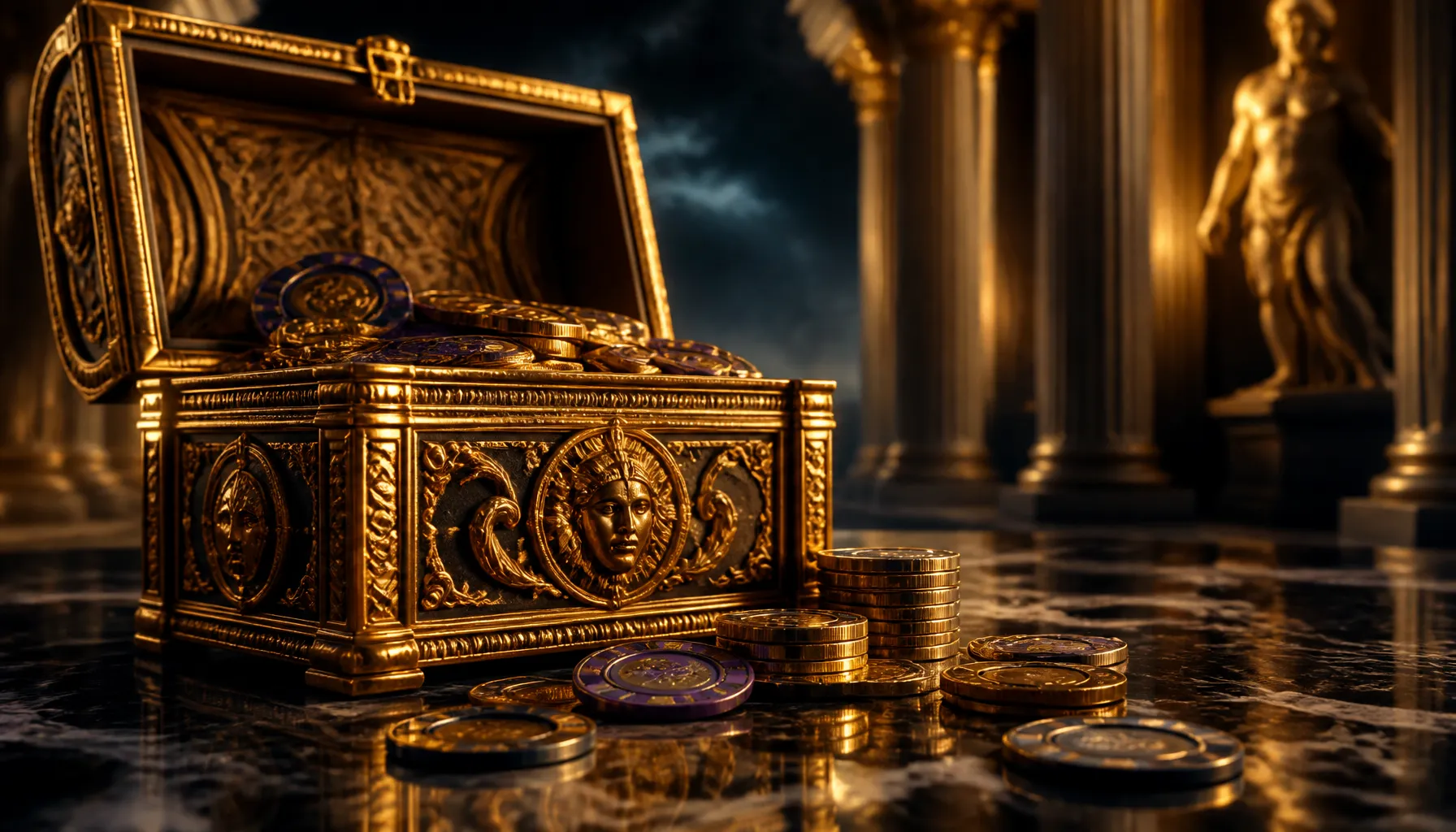 Cinematic close-up of gleaming gold coins scattered on a deep cosmic-themed dark surface with dramatic volumetric light