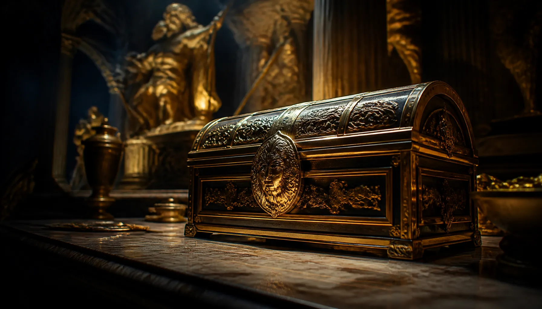Cinematic close-up of gleaming gold coins scattered on a deep cosmic-themed dark surface with dramatic volumetric light